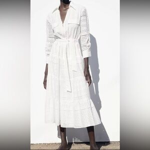 Brand NWT Zara White Eyelet Belted Midi Dress - Size Small ($99 Original Price)
